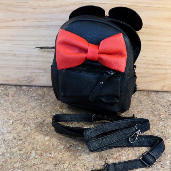 Minnie Mouse Style Mini Back Pack Purse Faux Leather Black with Red Bow Cute - Picture 12 of 12